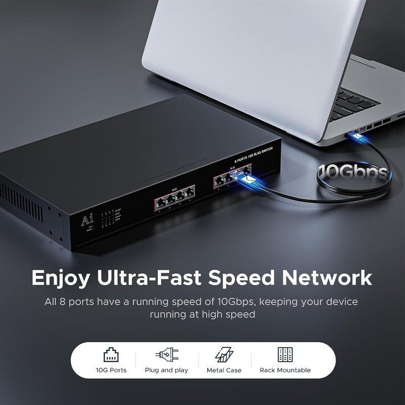 TEROW 8-Port 10G Ethernet Switch, 8 x 10Gb RJ45 Ports, Directly Connect cat 6 Network Cablet,Support 100/1000/10GMbps Auto MDI/MDIX, 160Gbps Switching Capacity,Plug and Play, Unmanaged Switch Rackmountable - Image 5
